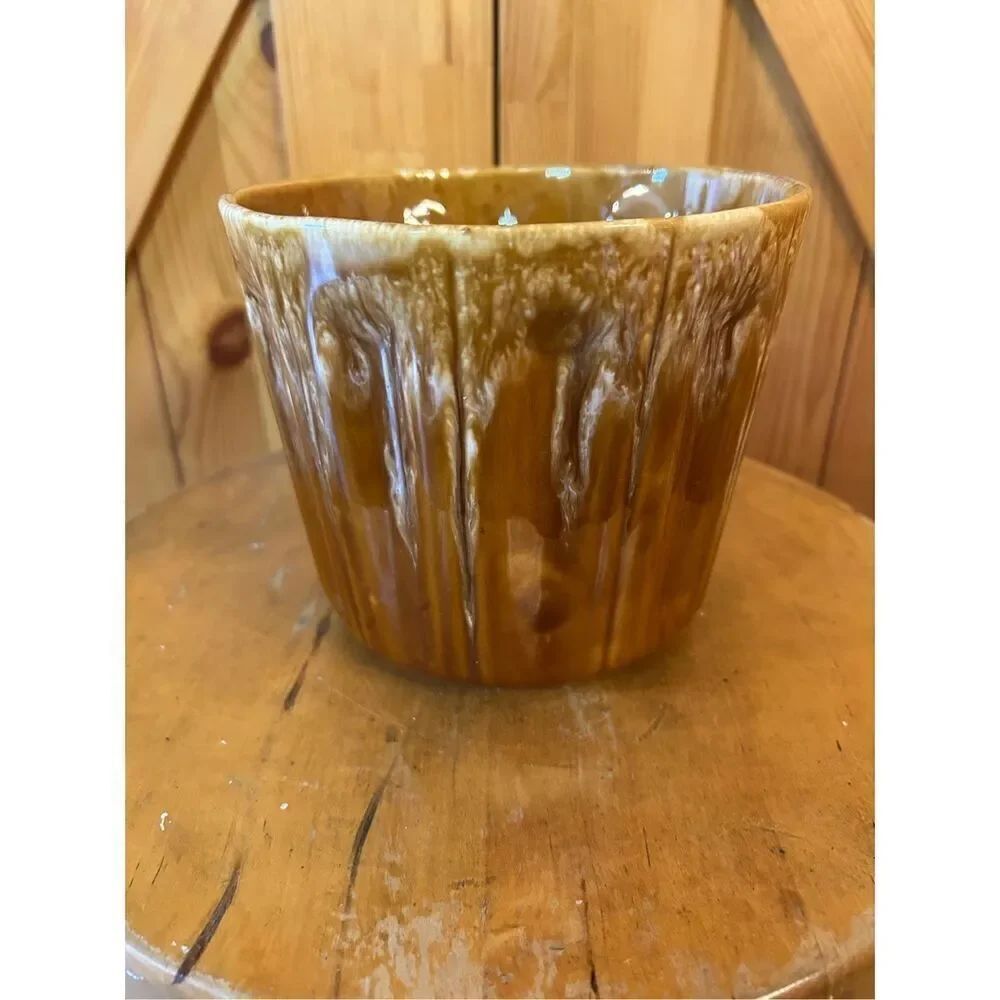 Rare Planter Pot Mid century Retro Vintage Chalkware Ceramic Brown Yellow (8880)